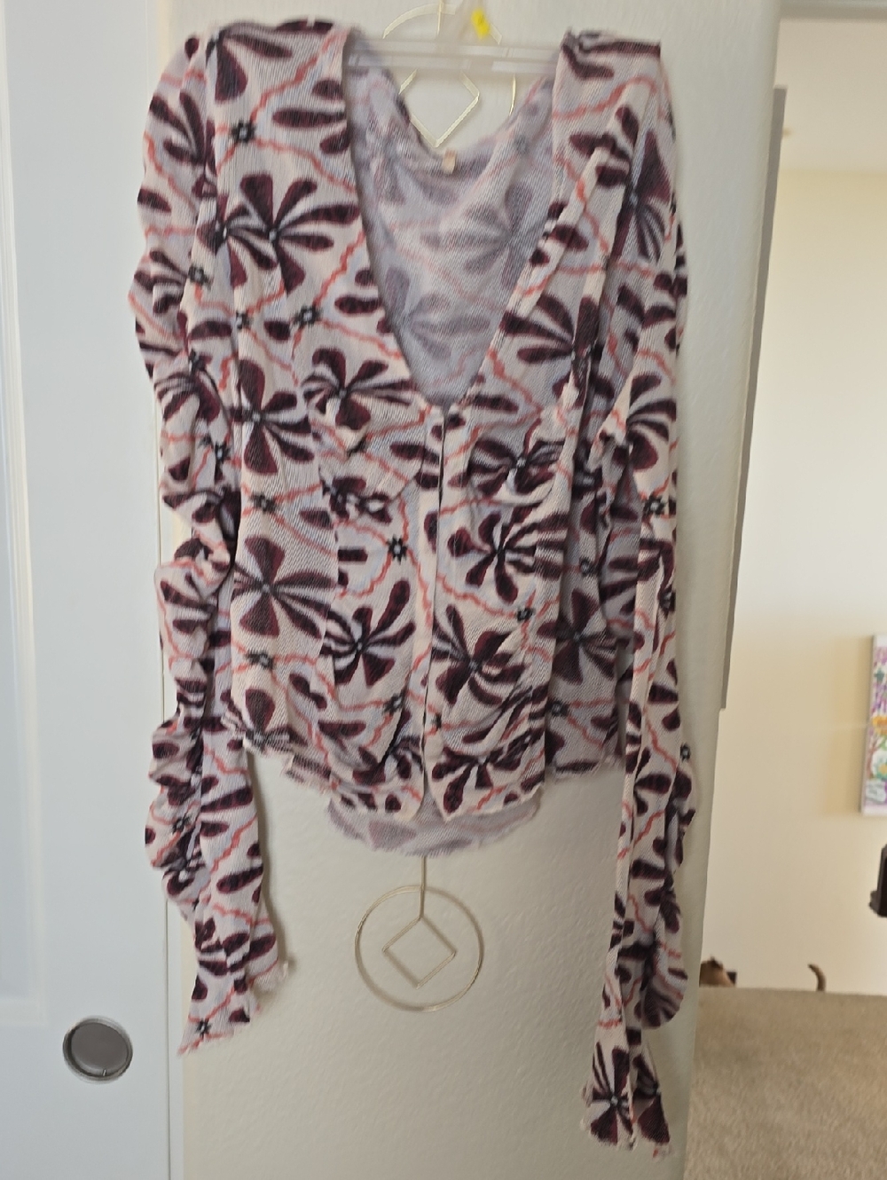 Free People Pink and Burgundy Floral V-Neck Cardigan